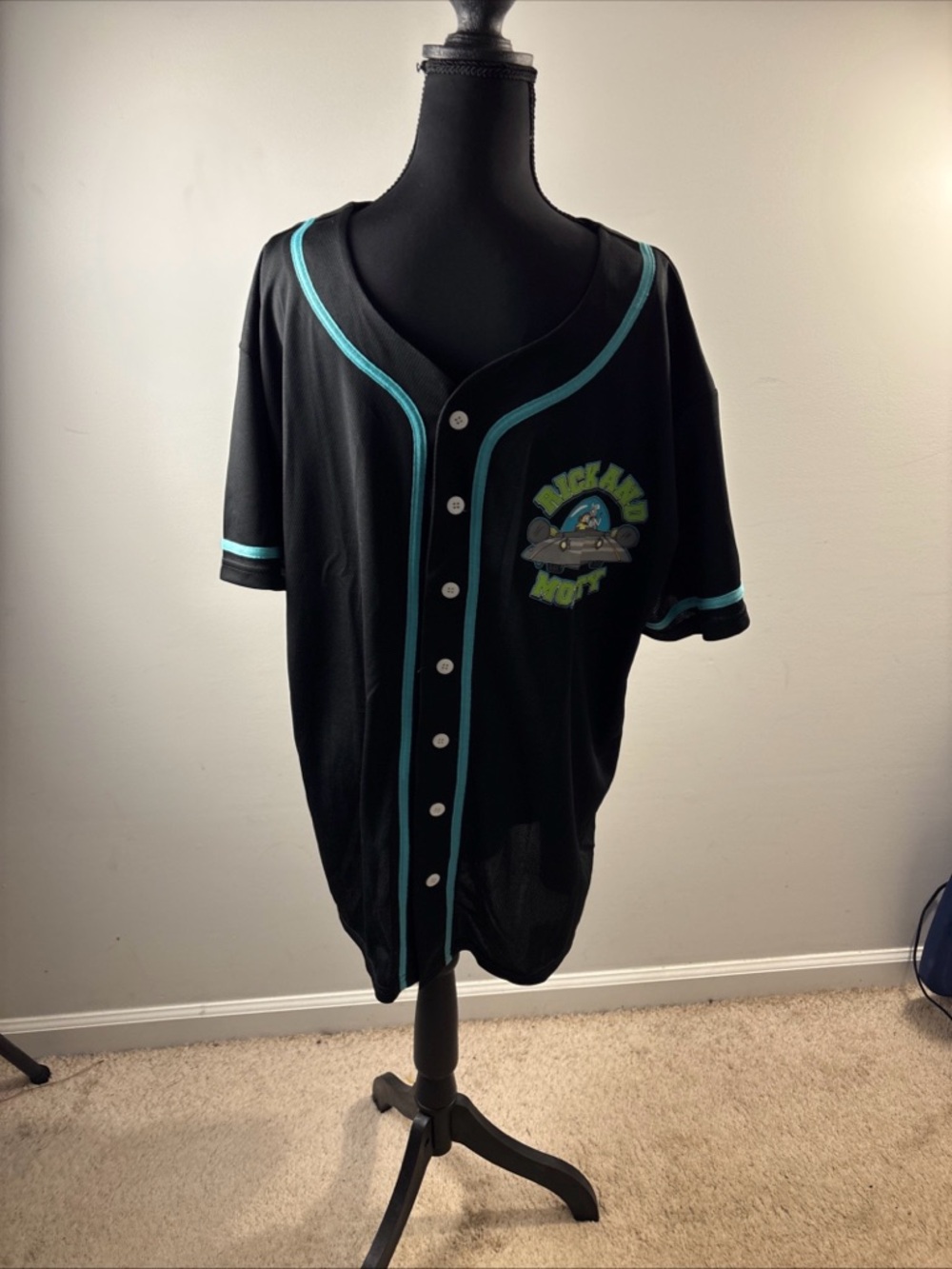 Rick and Morty Black & Teal Graphic Baseball Jersey - Unbranded 362
